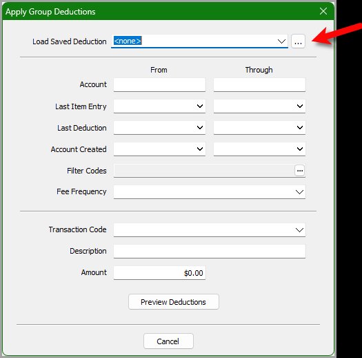 The Apply Group Deductions dialog with the ... button highlighted The Apply Group Deductions dialog with the ... button highlighted