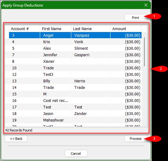 Preview results list showing account numbers, names, and deduction amounts with record count at the bottom Preview results list showing account numbers, names, and deduction amounts with record count at the bottom