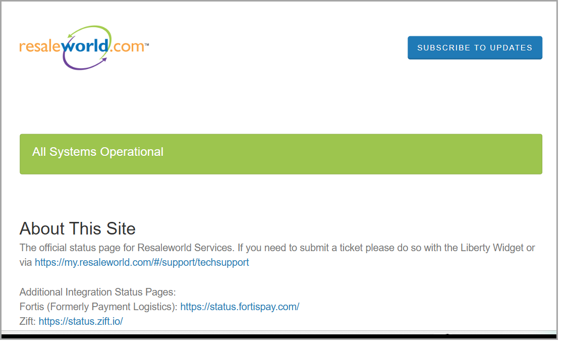 The top of the Status Page: overall banner, About section, and links to third-party integration status pages