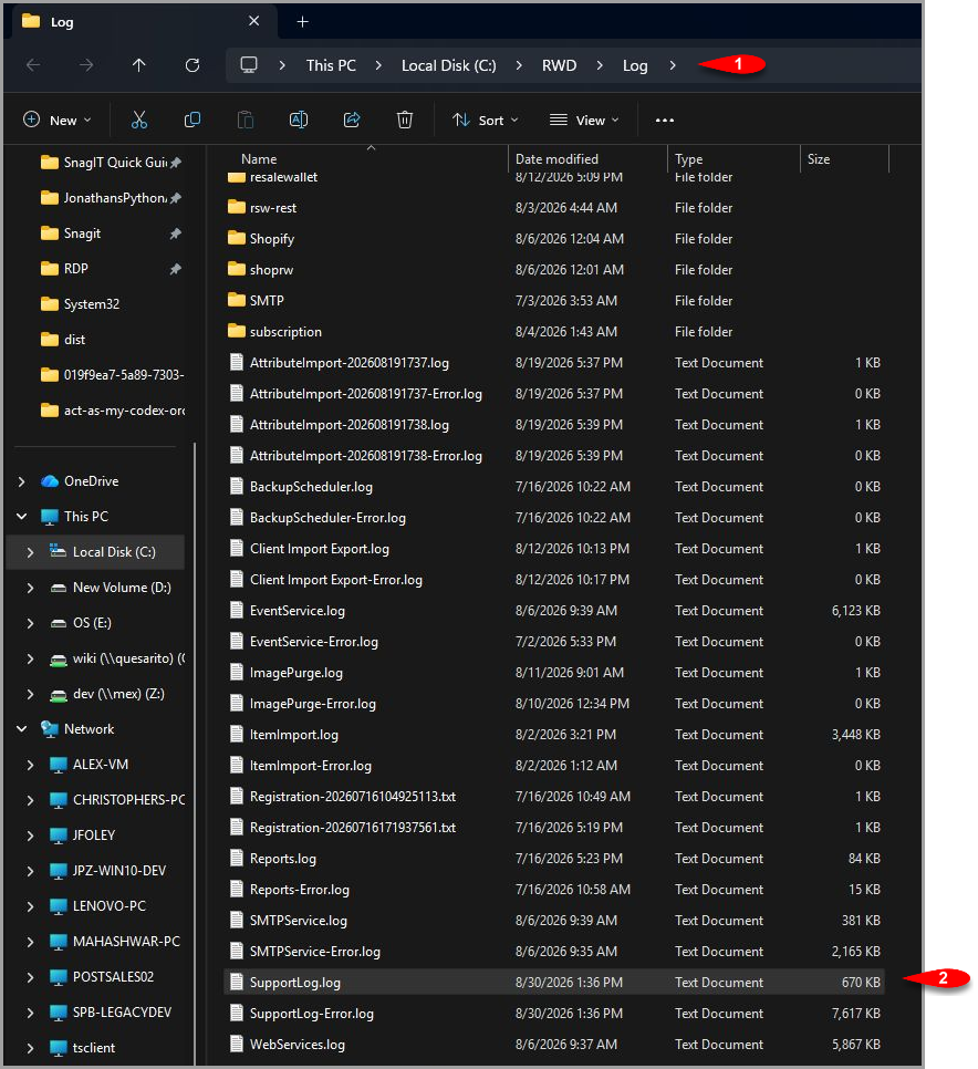 Open the Log folder and choose the current or dated Support Log