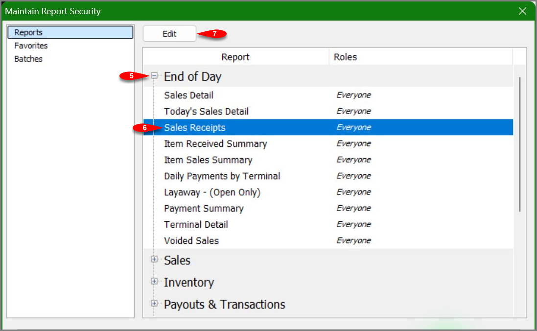 Expand End of Day, select Sales Receipts, and click Edit