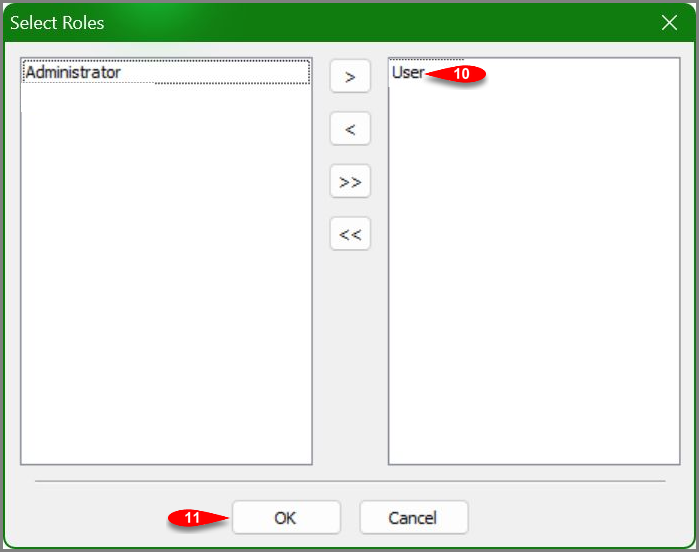 Confirm User in the assigned roles list and click OK
