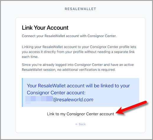The Link Your Account page. Click Link to my Consignor Center account to connect the two.