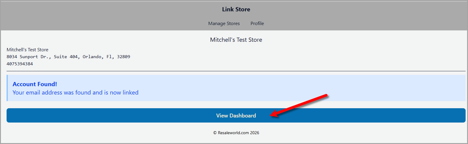 After linking, your profile confirms the account was found and offers View Dashboard to open your wallet.
