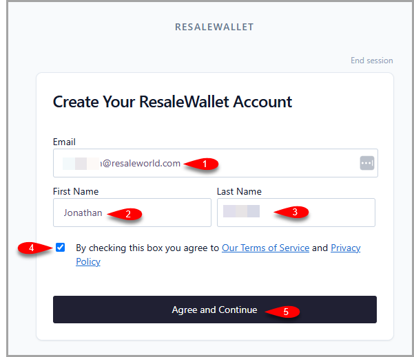 Create Your ResaleWallet Account: confirm your email (1), first name (2), and last name (3), check the Terms and Privacy box (4), then click Agree and Continue (5).