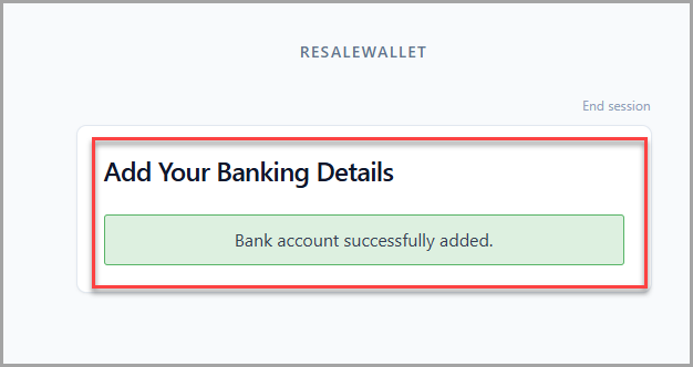 Success message confirming that the bank account was added.