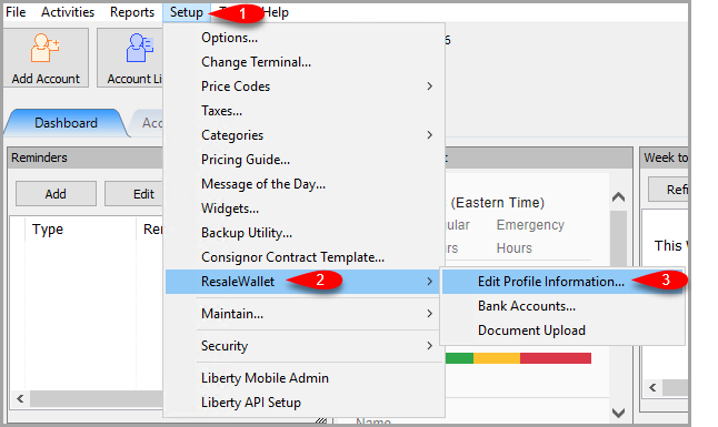 The ResaleWallet options: Edit Profile Information, Bank Accounts, and Document Upload.