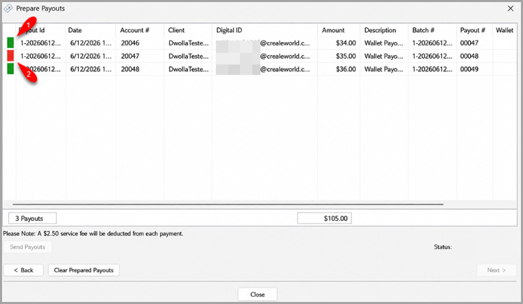 The Prepare Payouts screen. A red indicator marks a payout with a problem. Remove it, then send the rest.