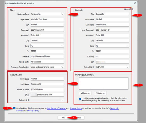 The ResaleWallet Profile Information screen. Business Type controls the required fields. Owners who hold 25 percent or more are added in the Owners panel.