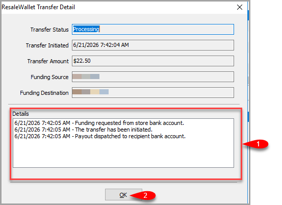 The Transfer Detail screen. The Details panel lists each step of the transfer in order.
