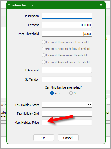 Max Holiday Price field in Maintain Tax Rate