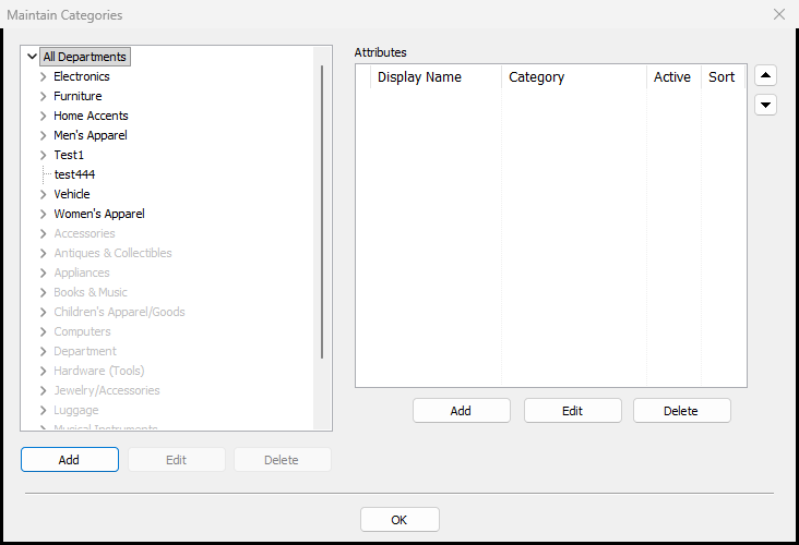 The Maintain Categories dialog with the category tree on the left and attributes on the right