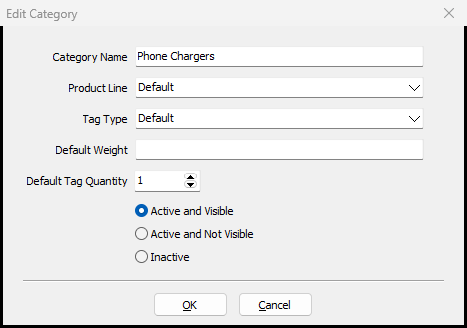 The Edit Category dialog showing Category Name, Product Line, Tag Type, and status options