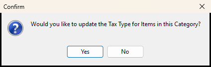 Confirmation prompt asking whether to update the Tax Type for all items in the category