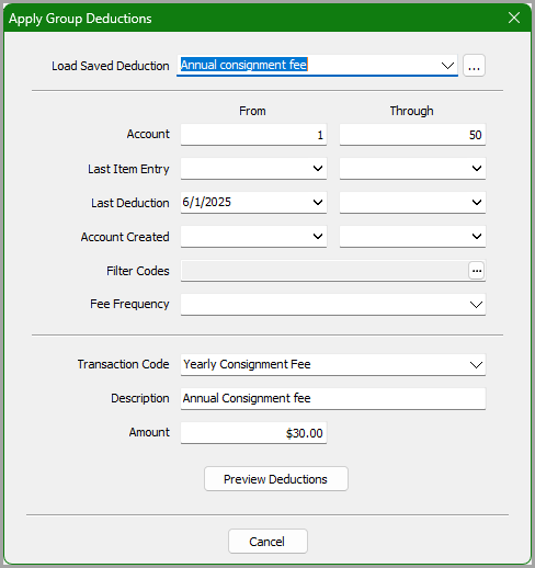 Apply Group Deductions dialog with a saved deduction loaded