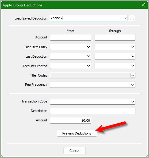 Apply Group Deductions dialog with Preview Deductions button highlighted