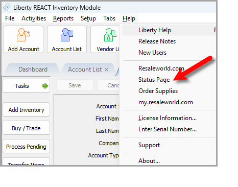 Click Help, then Status Page to open the Resaleworld status dashboard Click Help, then Status Page to open the Resaleworld status dashboard