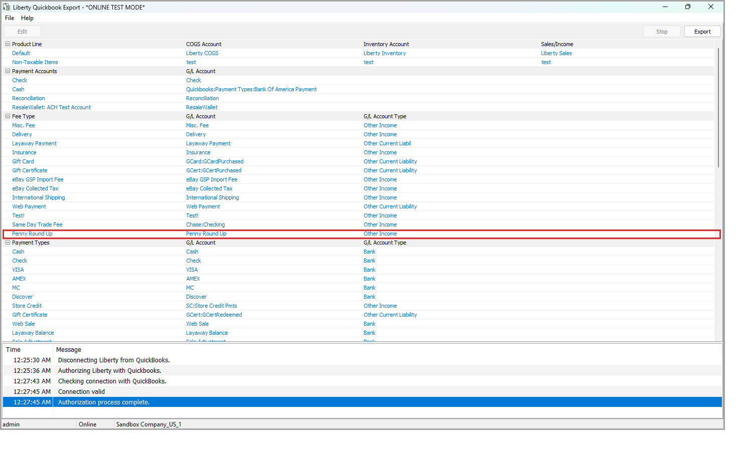 The Fee Type section of Liberty Quickbook Export, with the Penny Round Up mapping highlighted